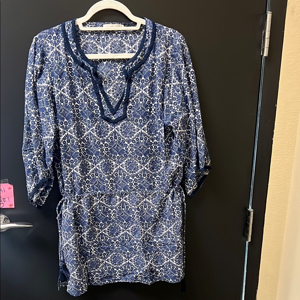 Blue and White Patterned Tunic Top tory burch cotton cover up